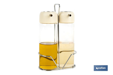 Cofan – Set de Aceitera y Vinagrera con Soporte | Vidrio Borosilicato | Tapas Beige | 300 ml | Dosificador Antigoteo | Juego de 2 Piezas